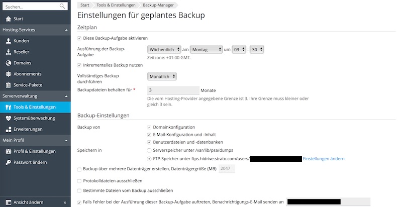 Blog Plesk Backup auf HiDrive Cloudspeicher von Strato einrichten 02